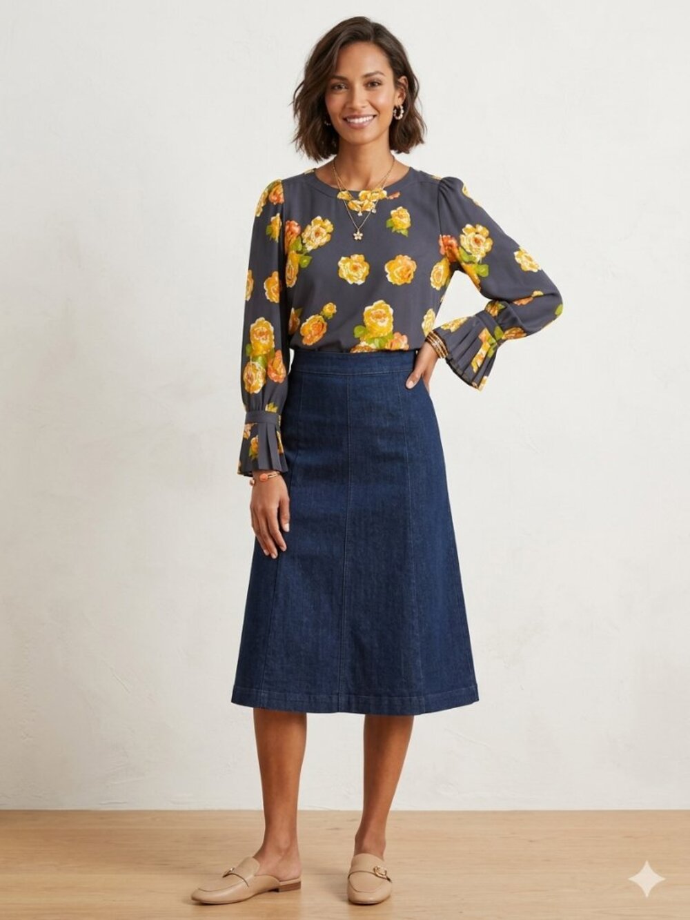 LOFT Gray & Yellow Peony Floral Blouse Pleated Cuff Long Sleeve Size S